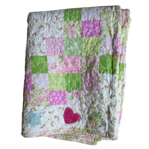 Handmade Patchwork Baby Quilt Pink & Green Floral /Star / Heart Reversible - Picture 1 of 16